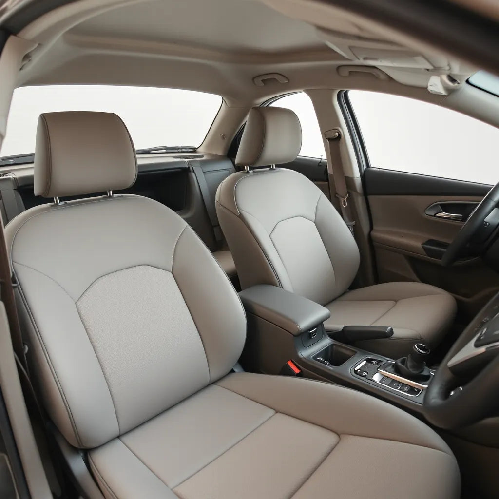 Front car seats with neatly fitted seat covers showing material texture and contours