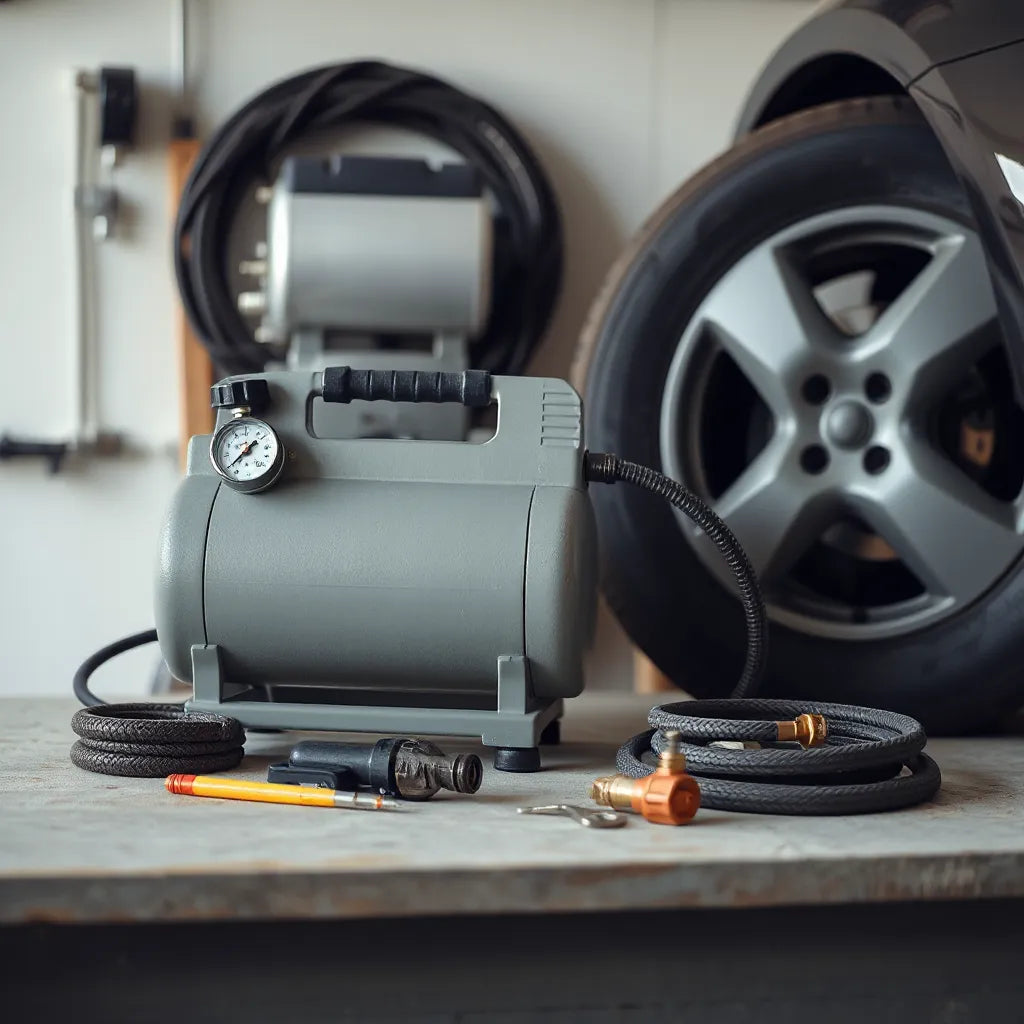 Portable air compressor with a visible gauge and hose beside an inflated car tire