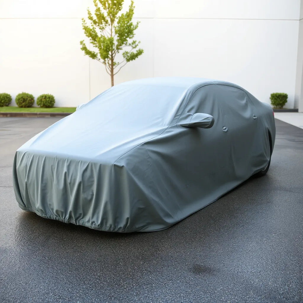 A car outdoors covered with a neatly fitted waterproof cover with secure bottom straps