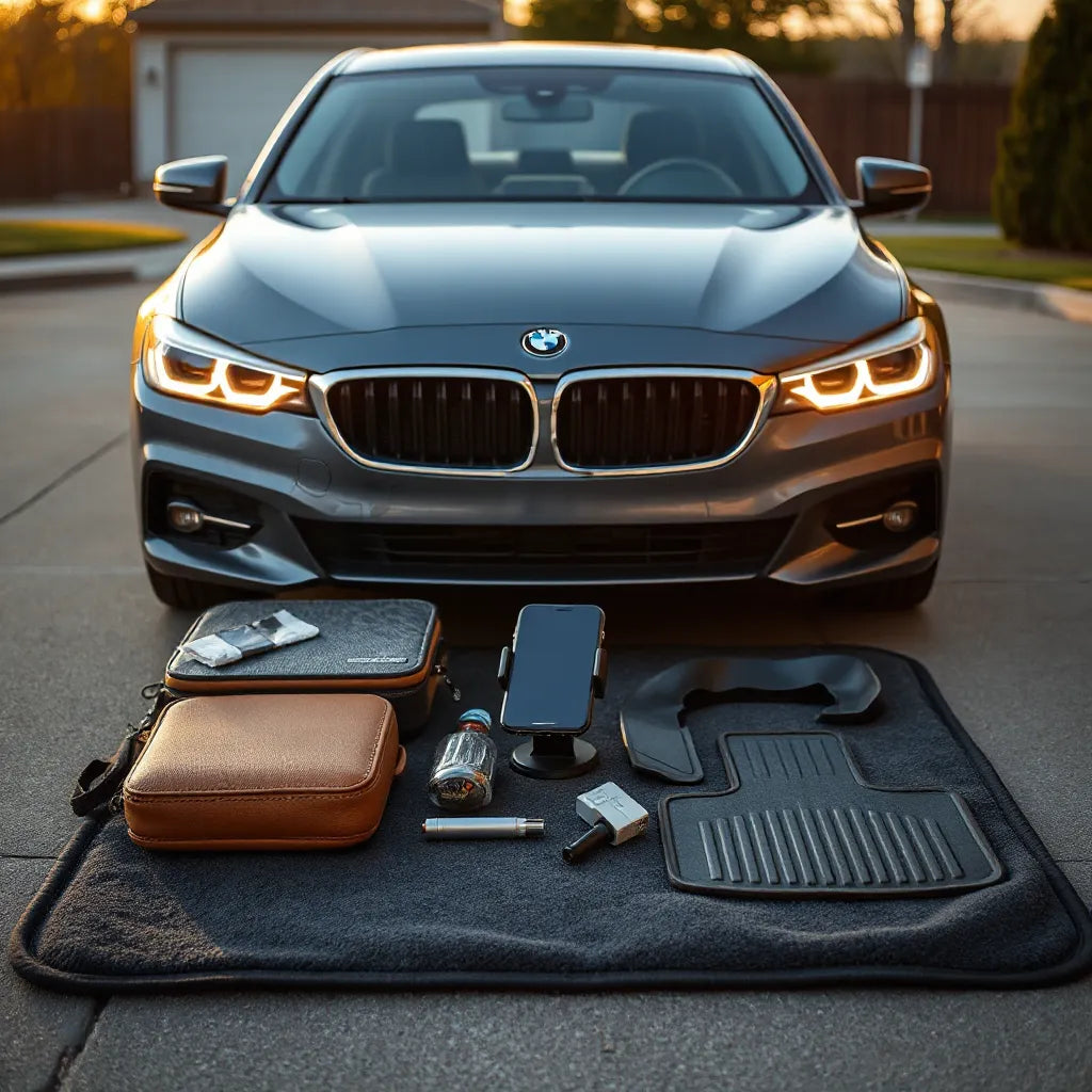 Assorted premium car accessories arranged on a mat in front of a modern parked car
