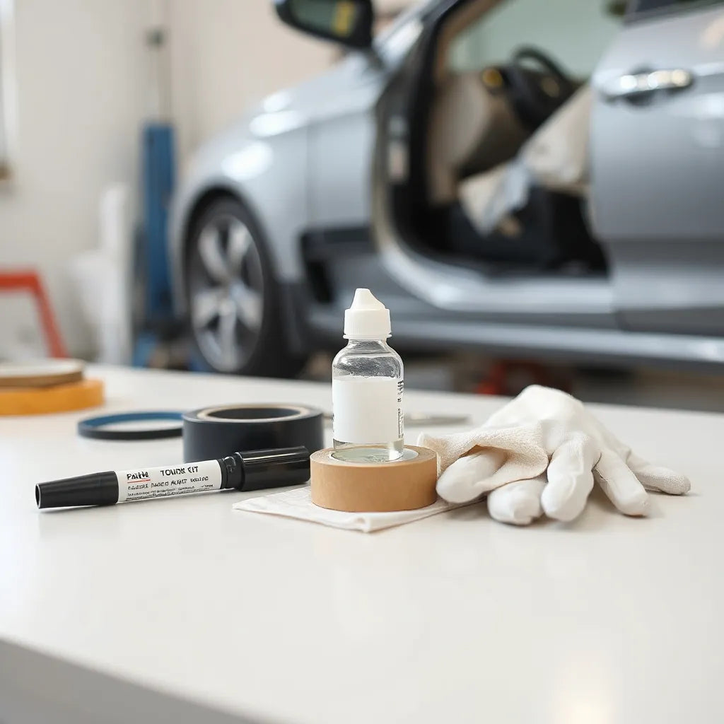 Touch up paint pen and prep tools on a workbench with a car panel repair in the background