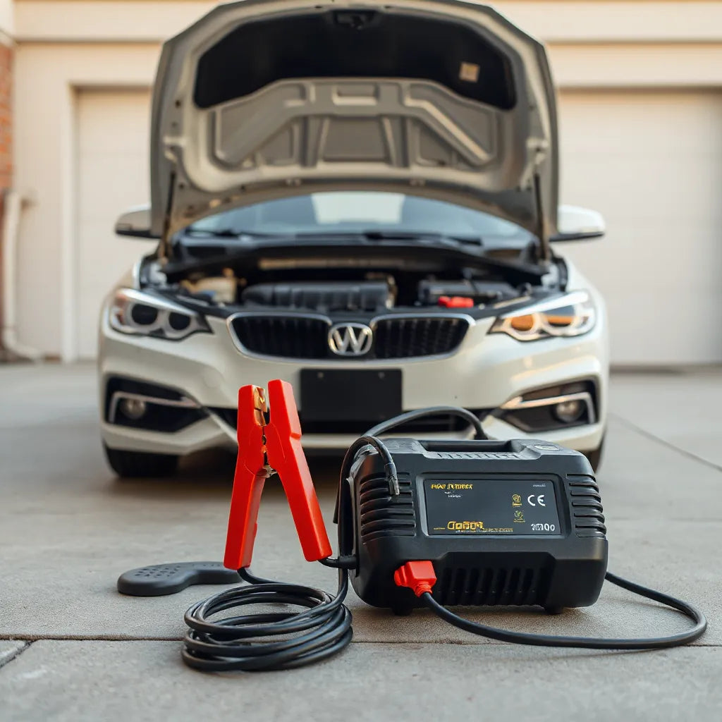 Car jump starter with cables connected to a vehicle battery under the open hood