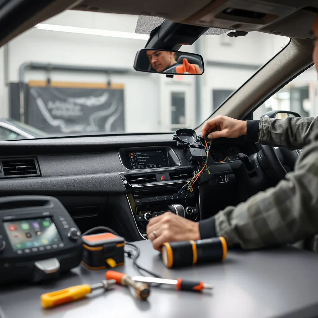 Technician installing a new infotainment unit and wiring harness in a car dashboard