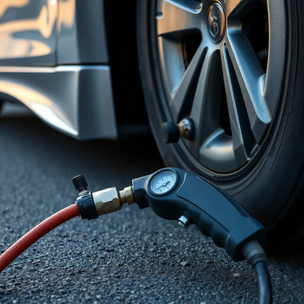 Portable tire inflator nozzle connected to a car tire valve with clear pressure gauge