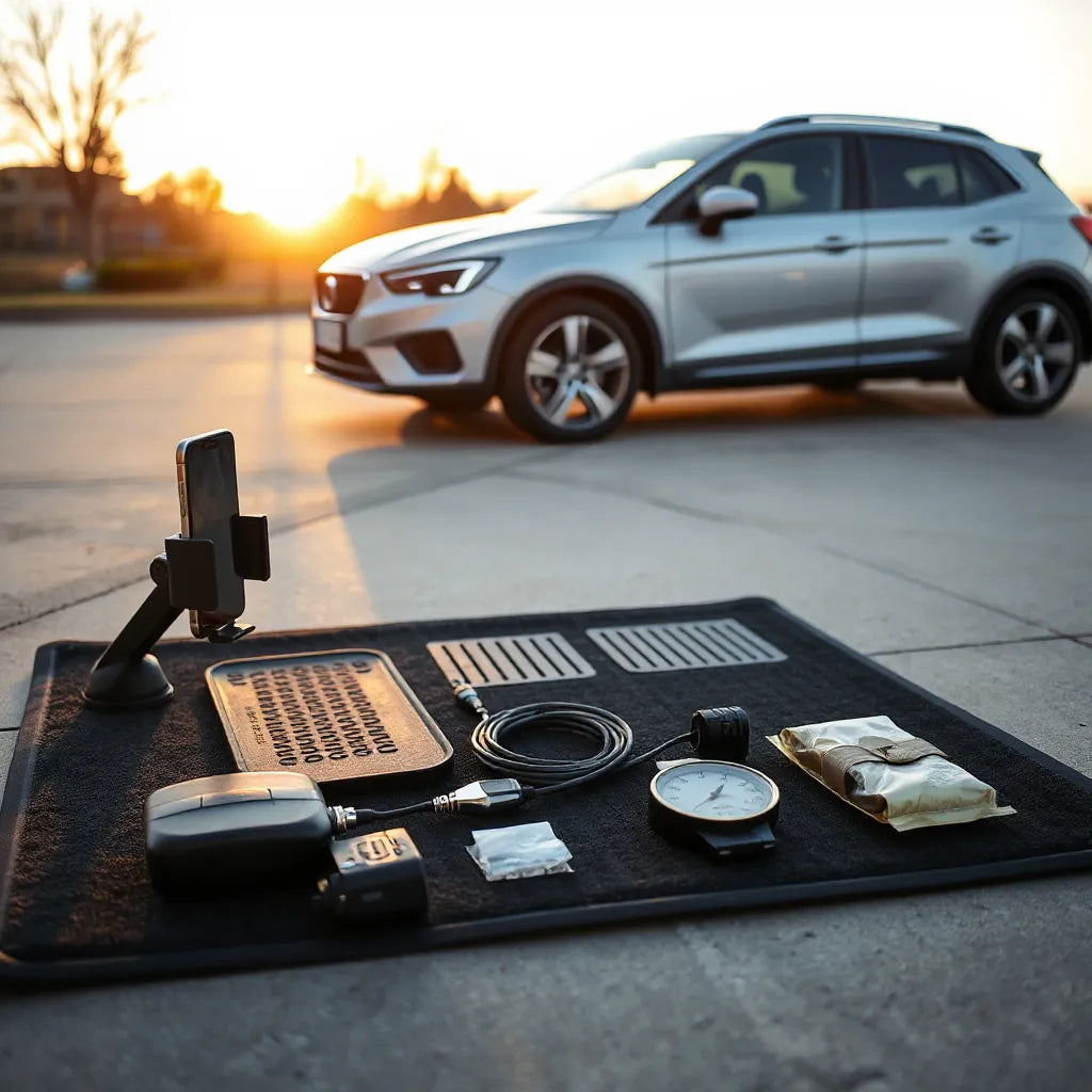Modern car with neatly arranged interior and safety automotive accessories on a mat