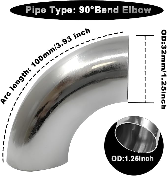 OD 1.25 Inch 90 Degree Stainless Steel Bend Tube Exhaust Elbow Pipe - Image 2