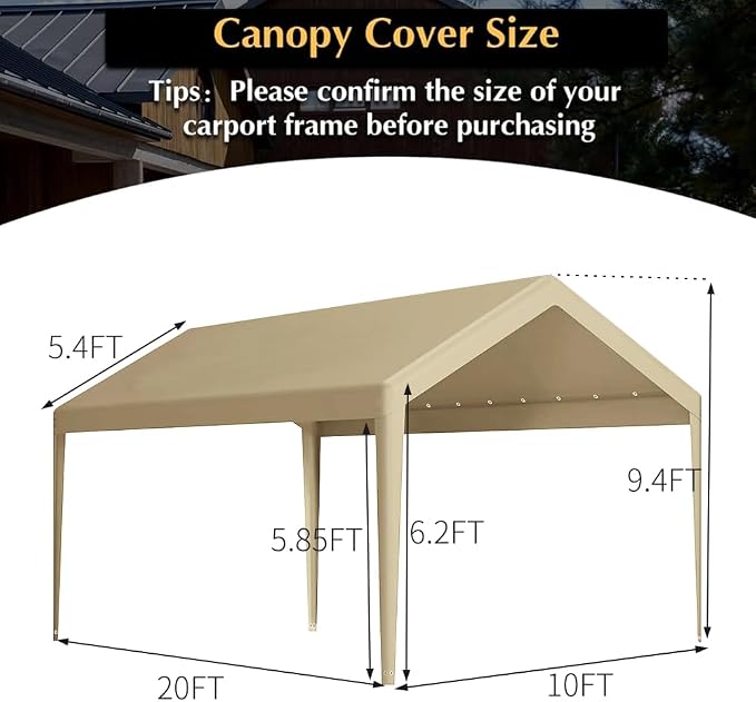 Rutile 10 x 20 FT Carport Replacement Cover, Heavy Duty Car Tarp Canopy Tent - Image 6