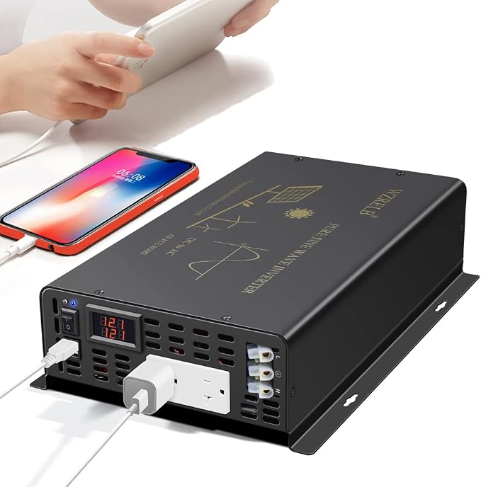 WZRELB 2500W Pure Sine Wave Power Inverter 12VDC to 120VAC 60HZ Dual AC Outlets by WZRELB