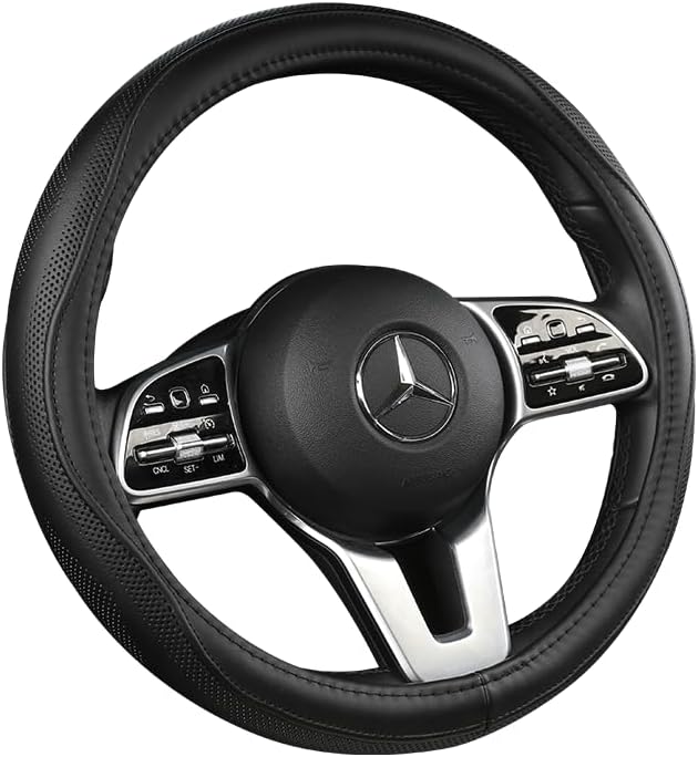 Cowhide Steering Wheel Cover Heat Resistant Anti-Slip Car Wheel Wrap Compatible by AEVEA