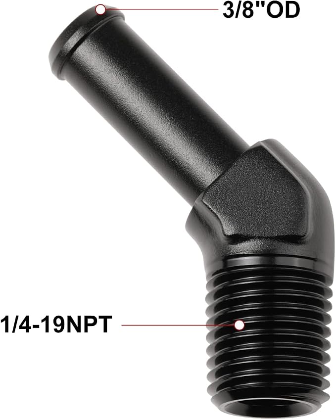 1/4 NPT Male to 3/8" Hose Barb Fitting Adapter 45 Degree Elbow Aluminum Black - Image 2
