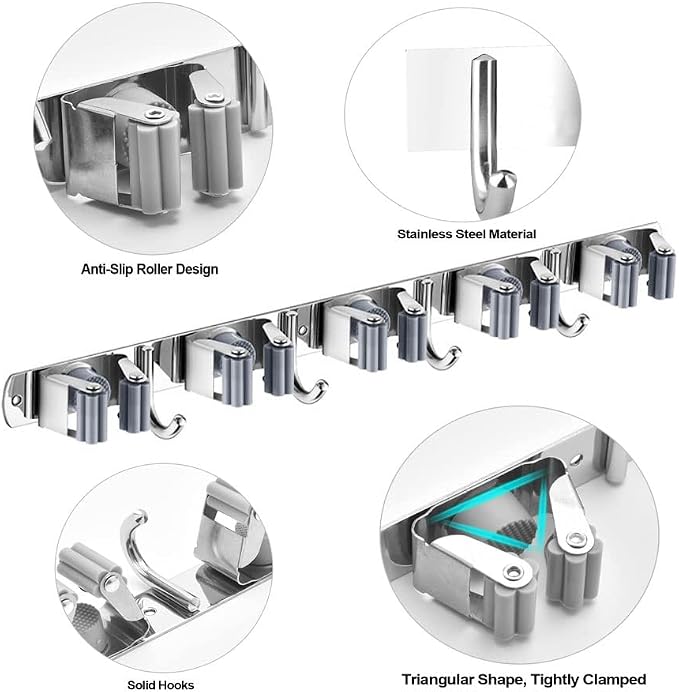 Mop and Broom Holder, 4 Positions 5 Hooks Heavy Duty Mop Hanger Wall Mounted - Image 2