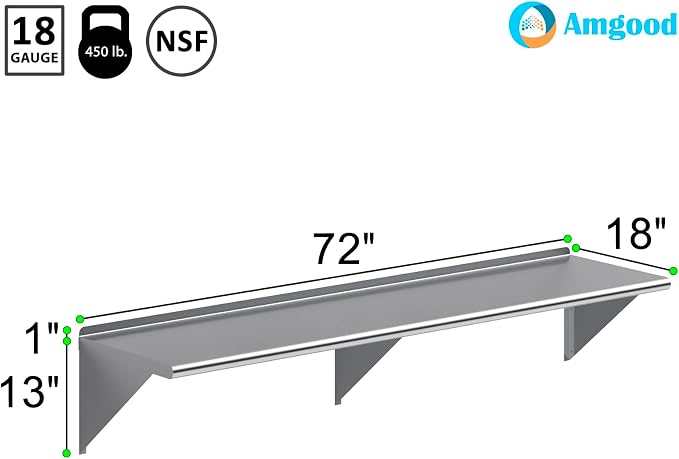 AmGood 72" Long X 18" Deep Stainless Steel Wall Shelf | NSF Certified | - Image 3