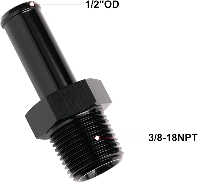 3/8 NPT Male to 1/2" Hose Barb Fitting Adapter Nipple Straight Aluminum Black - Image 2