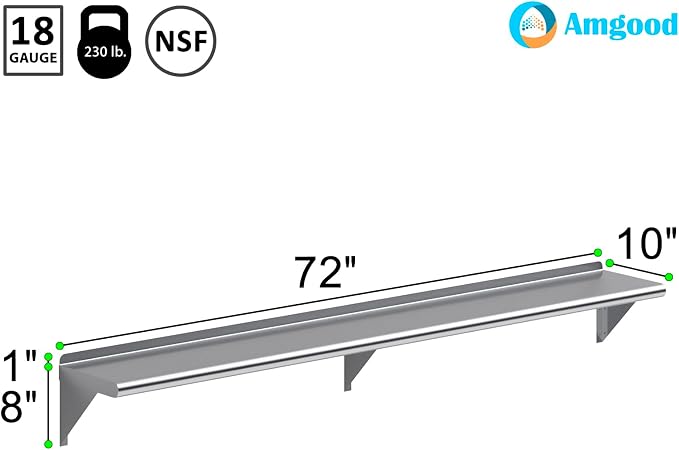 AmGood 72" Long X 10" Deep Stainless Steel Wall Shelf | NSF Certified | - Image 3