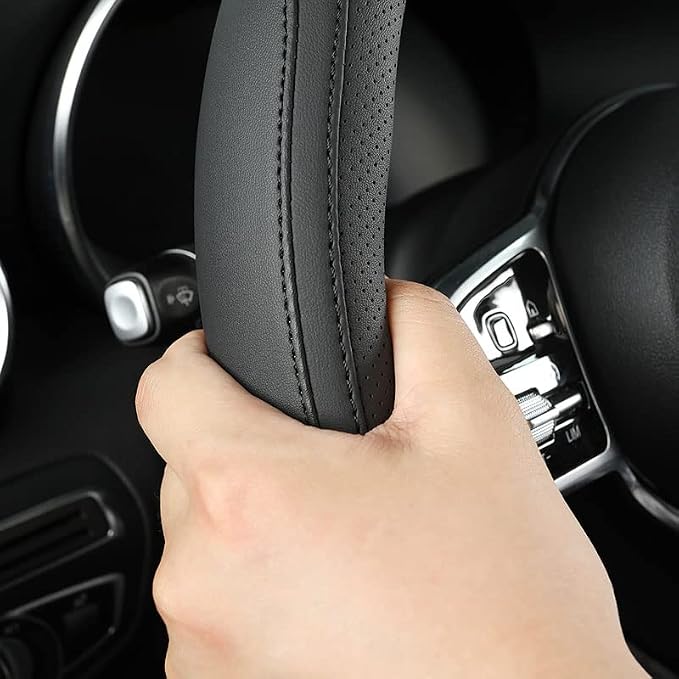 Car Steering Wheel Cover, Leather Steering Wheel Cover Black Universal 14.5-15 - Image 3