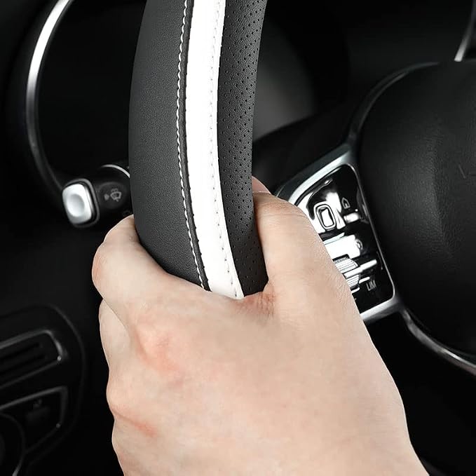 Car Steering Wheel Cover, Leather Steering Wheel Cover White Universal 14.5-15 - Image 3