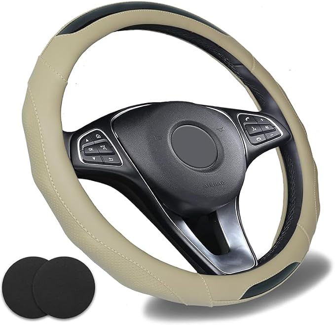 Car Steering Wheel Cover with Cup Coasters, Universal 15 inch Leather Carbon by Muamos