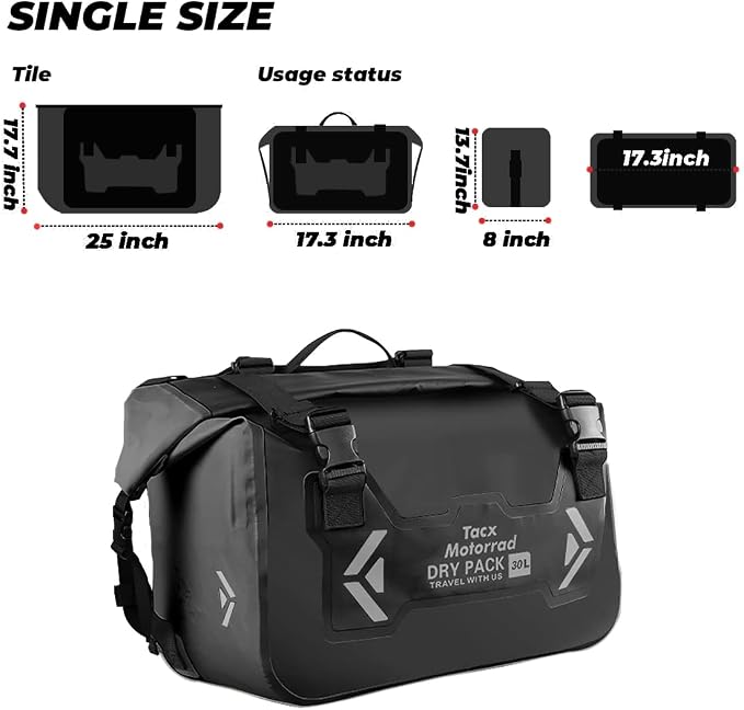 Motorcycle Saddle Bags Tail Bag, 30L Roll-top Waterproof Motor Detachable Side - Image 4