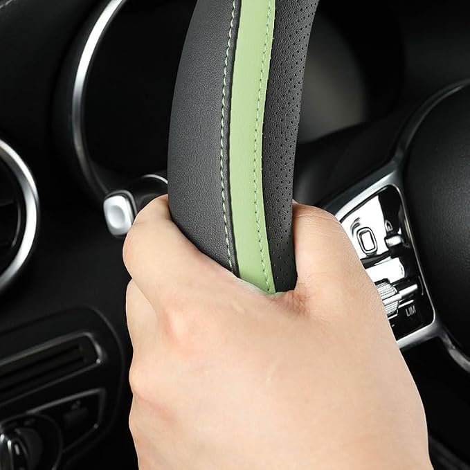 Car Steering Wheel Cover, Leather Steering Wheel Cover Green Universal 14.5-15 - Image 3