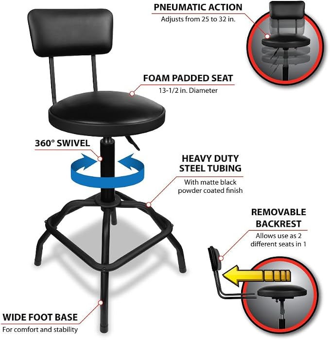 Performance Tool W85016 Pneumatic Stool w/Removable Backrest - Image 6