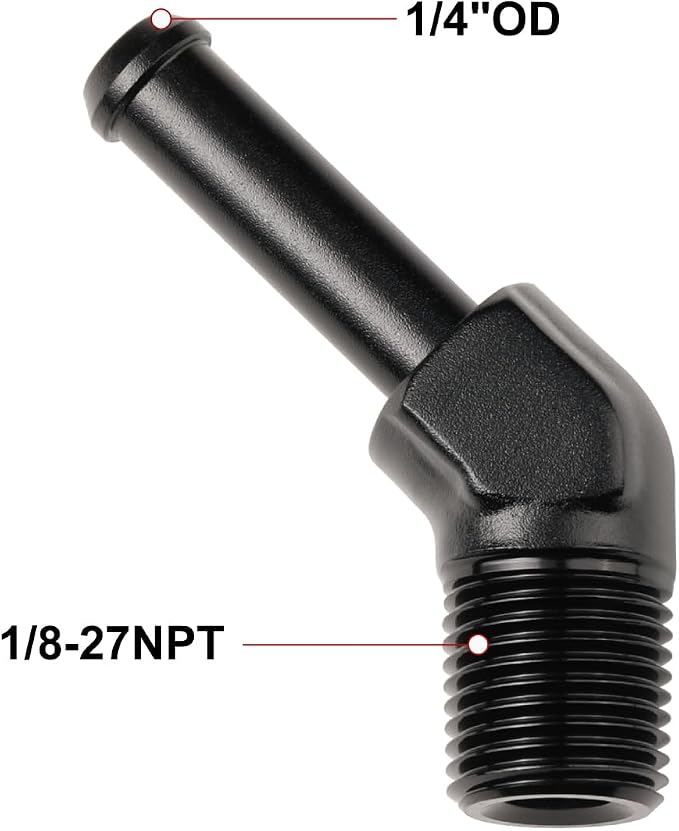 1/8 NPT Male to 1/4" Hose Barb Fitting Adapter 45 Degree Elbow Aluminum Black - Image 2