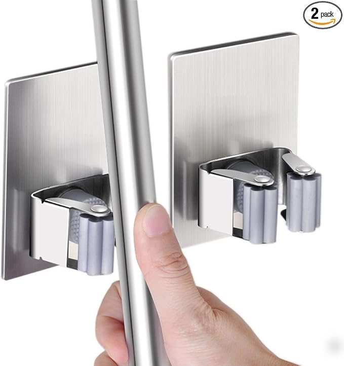 HANZE 2 Pack Stainless Steel Mop Broom Holder Organizer, Self Adhesive Wall by HANZE