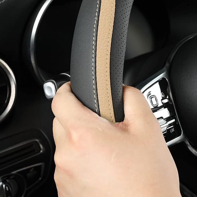 Car Steering Wheel Cover, Leather Steering Wheel Cover Beige Universal 14.5-15 - Image 4