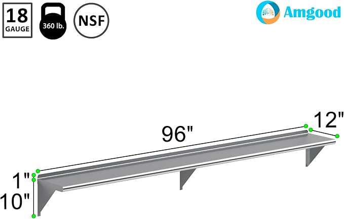 AmGood 96" Long X 12" Deep Stainless Steel Wall Shelf | NSF Certified | - Image 3
