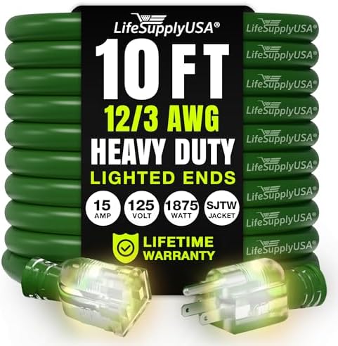 10ft Outdoor/Indoor Extension Cord 12/3 Gauge Extra Heavy Duty 3 Prong SJTW by LifeSupplyUSA