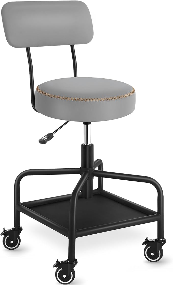 Shop Stool with Lockable Rubber Wheels Adjustable Backrest Tool Tray Storage by WUDOYO