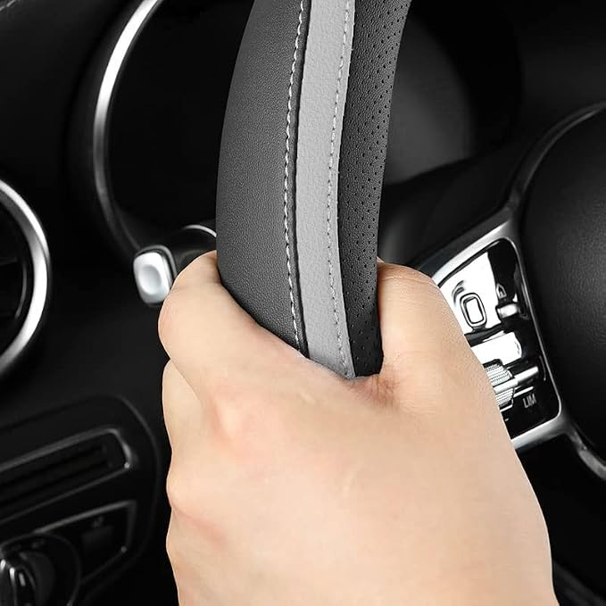 Car Steering Wheel Cover, Leather Steering Wheel Cover Grey Universal 14.5-15 - Image 4