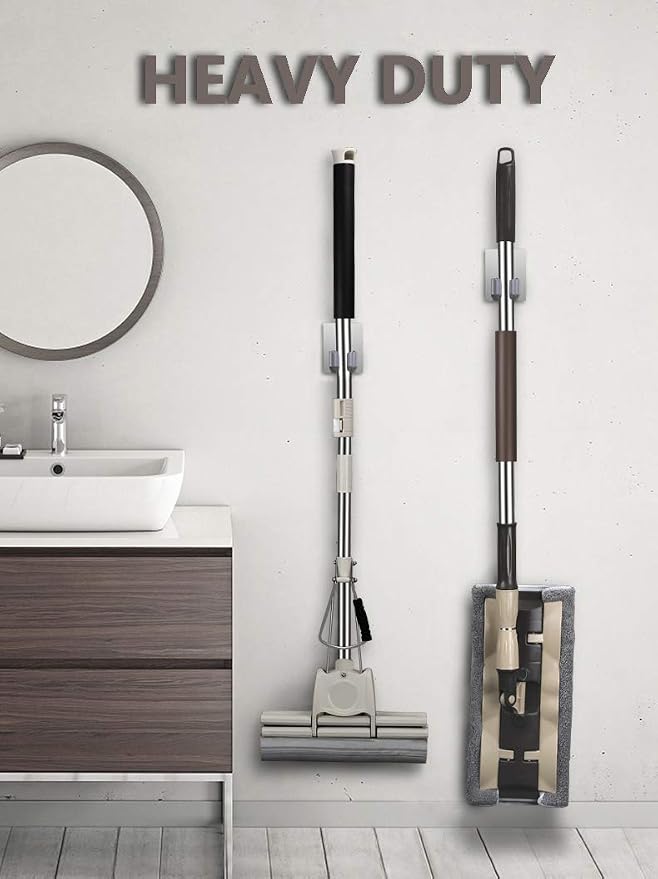 HANZE 4 Pack Stainless Steel Mop Broom Holder Organizer, Self Adhesive Wall - Image 4