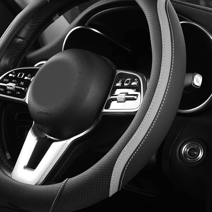 Car Steering Wheel Cover, Leather Steering Wheel Cover Grey Universal 14.5-15 - Image 3