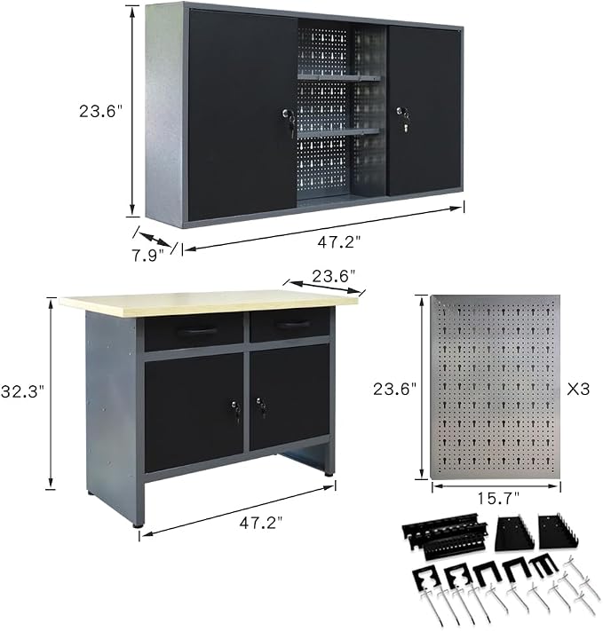 JZD Industrial Steel Garage Storage Cabinet System, Included Pegboard Wall - Image 3