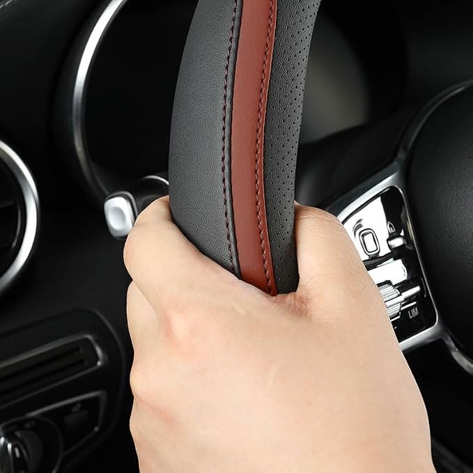 Car Steering Wheel Cover, Leather Steering Wheel Cover Brown Universal 14.5-15 - Image 3