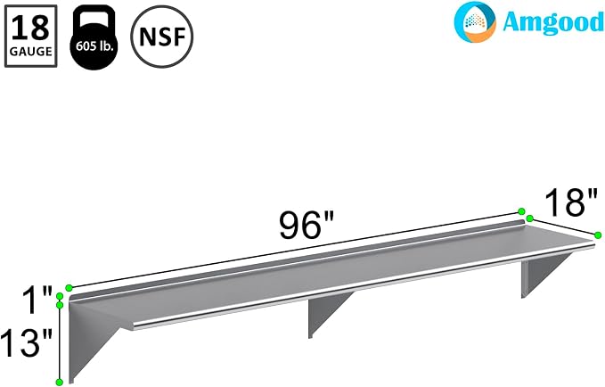 AmGood 96" Long X 18" Deep Stainless Steel Wall Shelf | NSF Certified | - Image 3