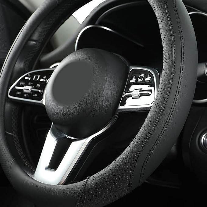 Car Steering Wheel Cover, Leather Steering Wheel Cover Black Universal 14.5-15 - Image 2