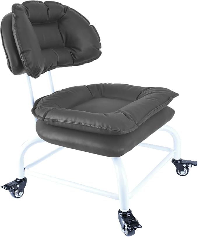 Rolling Stool Wide Seat with Back Rolling Chair 4 Wheels with Brakes - Image 5