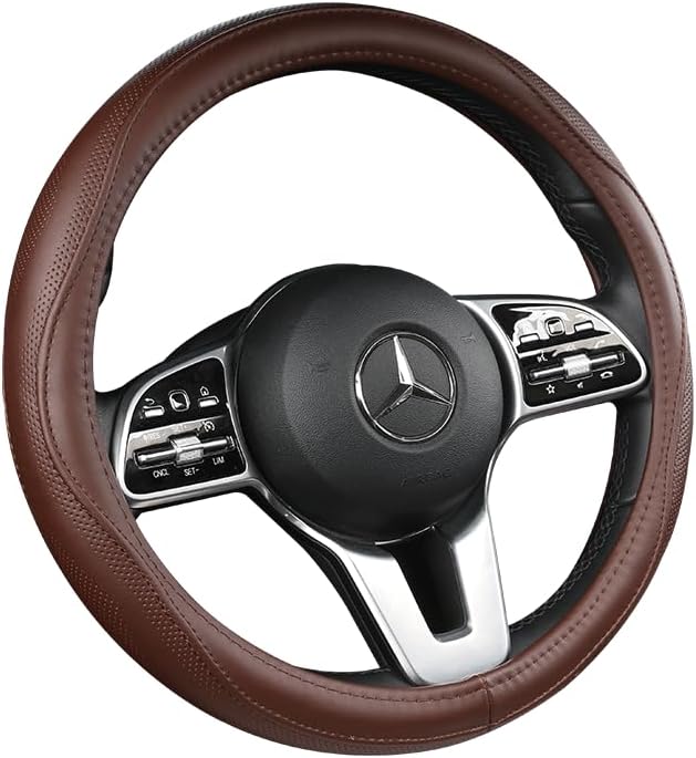 Cowhide Steering Wheel Cover Heat Resistant Anti-Slip Car Wheel Wrap Compatible by AEVEA
