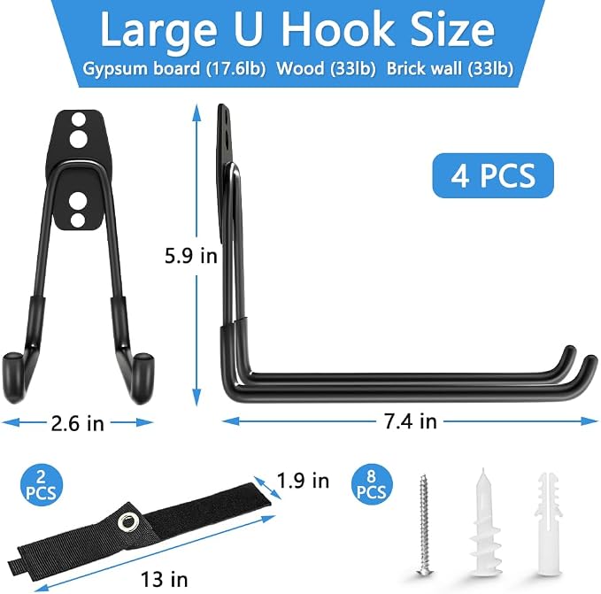 Garage Hooks Heavy Duty Hooks, 7.4 inch Wall Mount Hanger Rack Garage Wall - Image 4