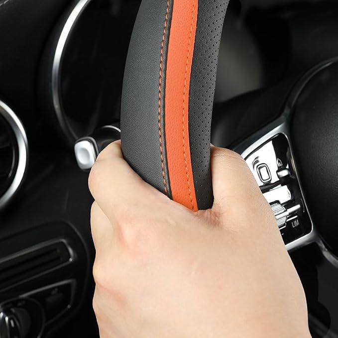 Car Steering Wheel Cover, Leather Steering Wheel Cover Orange Universal 14.5-15 - Image 4