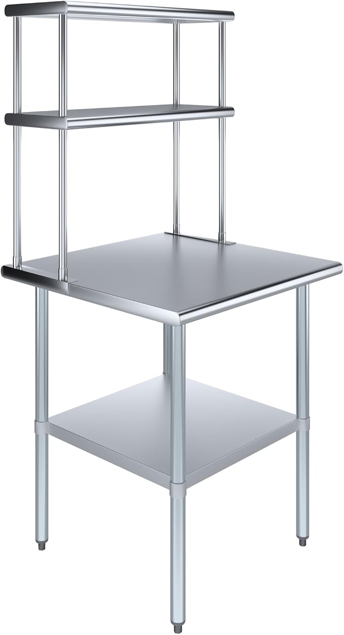 Amgood Stainless Steel Work Table Double Tier Overshelf | Metal Kitchen Prep by AmGood