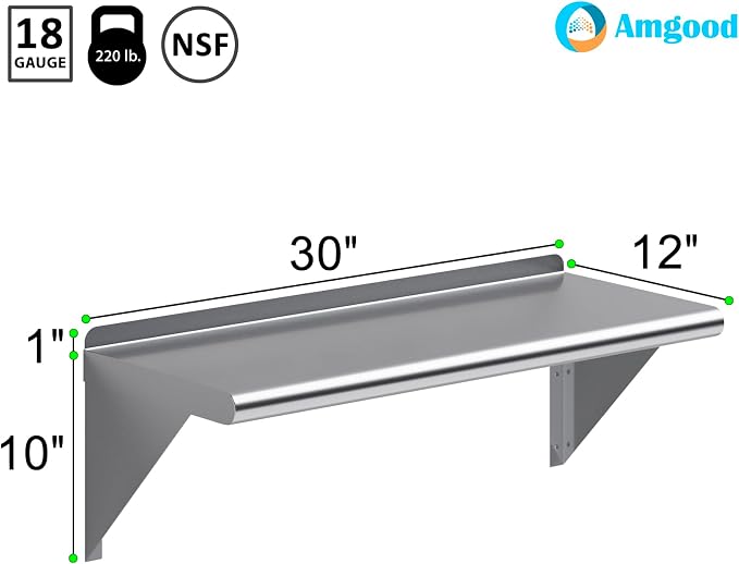 AmGood 12" X 30" Stainless Steel Wall Shelf | NSF Certified Metal Shelving - Image 3