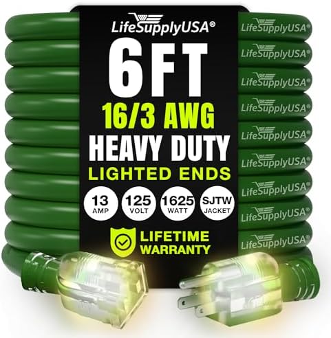 6ft Outdoor/Indoor Extension Cord 16/3 Gauge Heavy Duty 3 Prong SJTW, Waterproof by LifeSupplyUSA