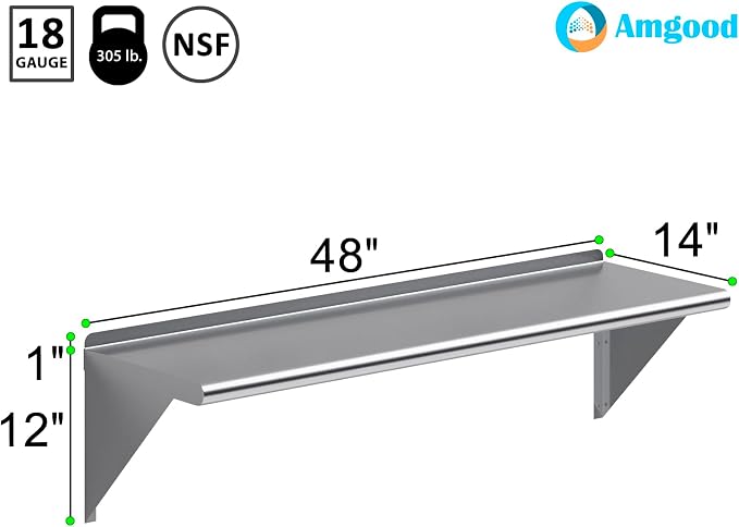 AmGood 48" Long X 14" Deep Stainless Steel Wall Shelf | NSF Certified | - Image 3