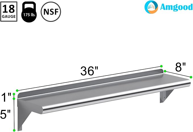 AmGood 8" X 36" Stainless Steel Wall Shelf | Metal Shelving | Garage, Utility - Image 3