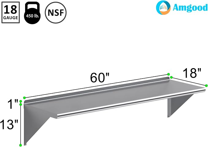 AmGood 60" Long X 18" Deep Stainless Steel Wall Shelf | NSF | Appliance & - Image 3