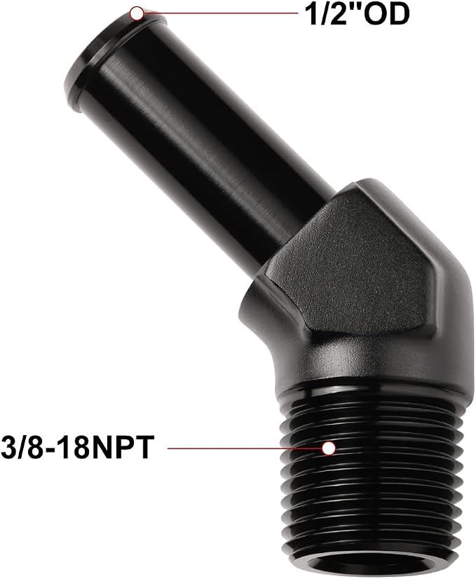 3/8 NPT Male to 1/2" Hose Barb Fitting Adapter 45 Degree Elbow Aluminum Black - Image 2