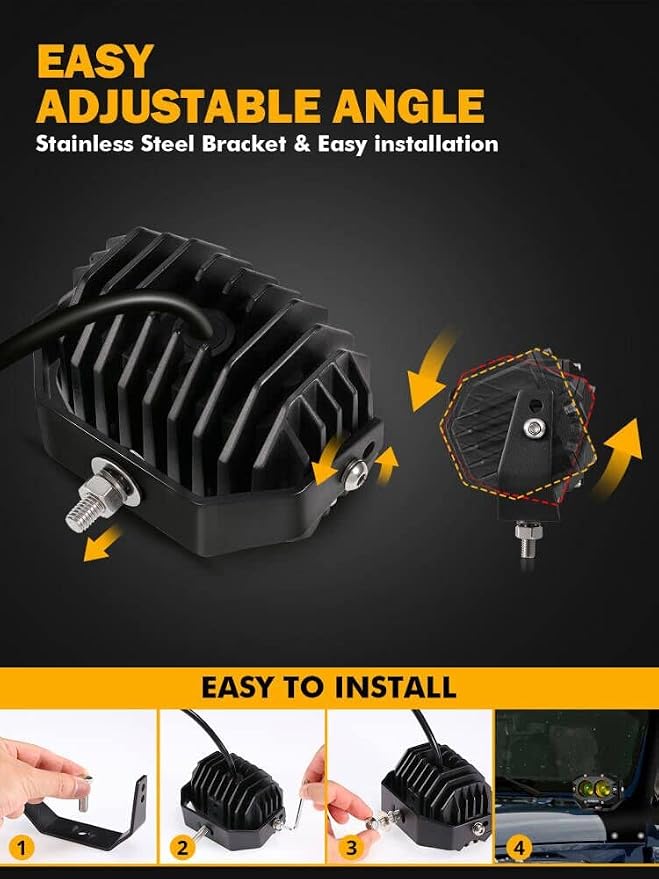 Auxbeam 4 Inch Amber Fog Light, 60W Square Pod - Image 5