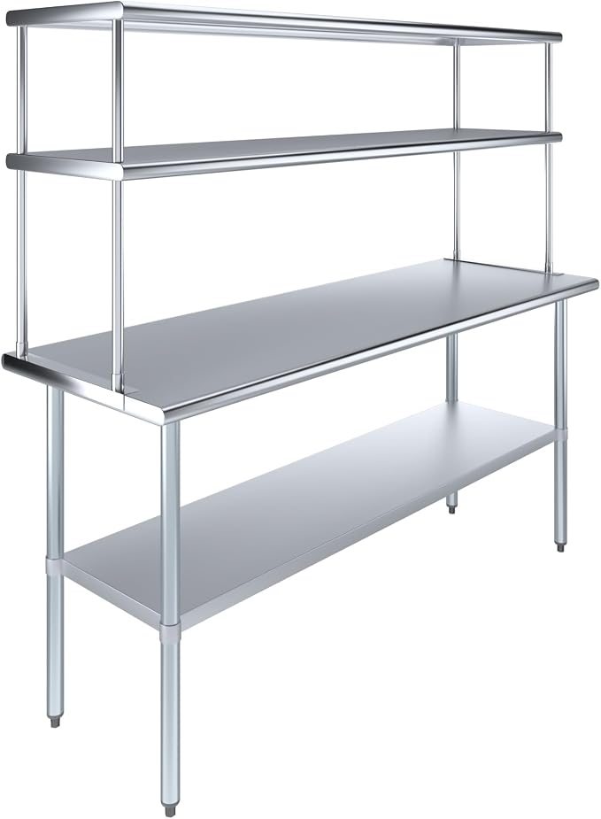 Amgood Stainless Steel Work Table Double Tier Overshelf | Metal Kitchen Prep by AmGood
